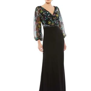 NWT Mac Duggal Embroidered Illusion Puff Sleeve Column Gown in Black Multi